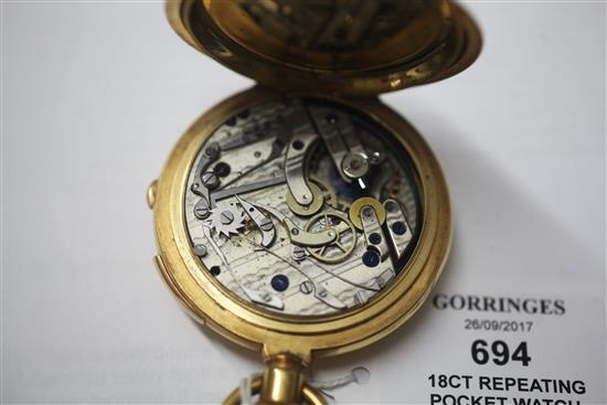 A Victorian 18ct gold repeating chronograph keyless hunter pocket watch,